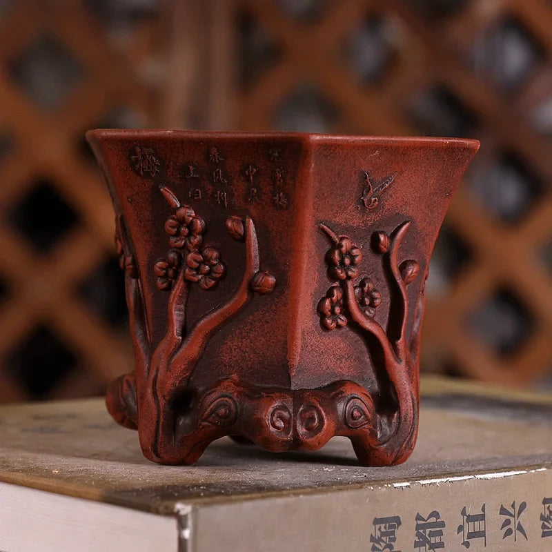 Purple Sand Plum Blossom Bonsai Pot – Carved Traditional Chinese Planter