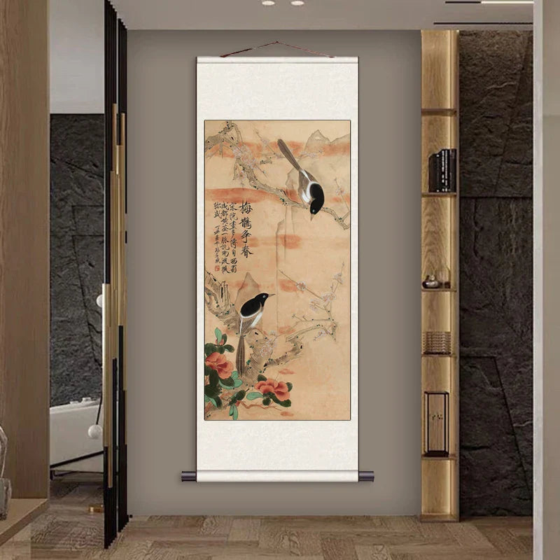 Peach Blossom Double Swallow Decorative Calligraphy and Painting Silk Gift Room Decor Aesthetic Wall Art Home Decor