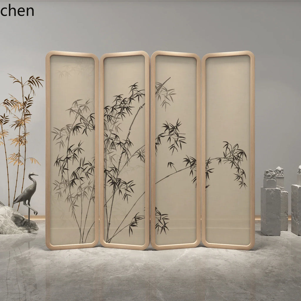 QZT Solid Wood Screen Partition Living Room Folding Mobile Tea Room Conference Room Hall Blocking Zen Style Pine Bamboo Mobile