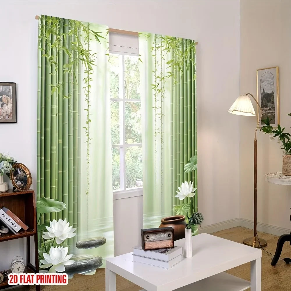 2-Piece Zen Botanical Window Curtains – Bamboo Forest & Lotus Flower Print