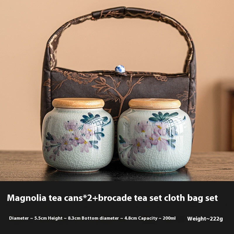Hand-painted Magnolia Tea Storage Containers and Brocade Bag