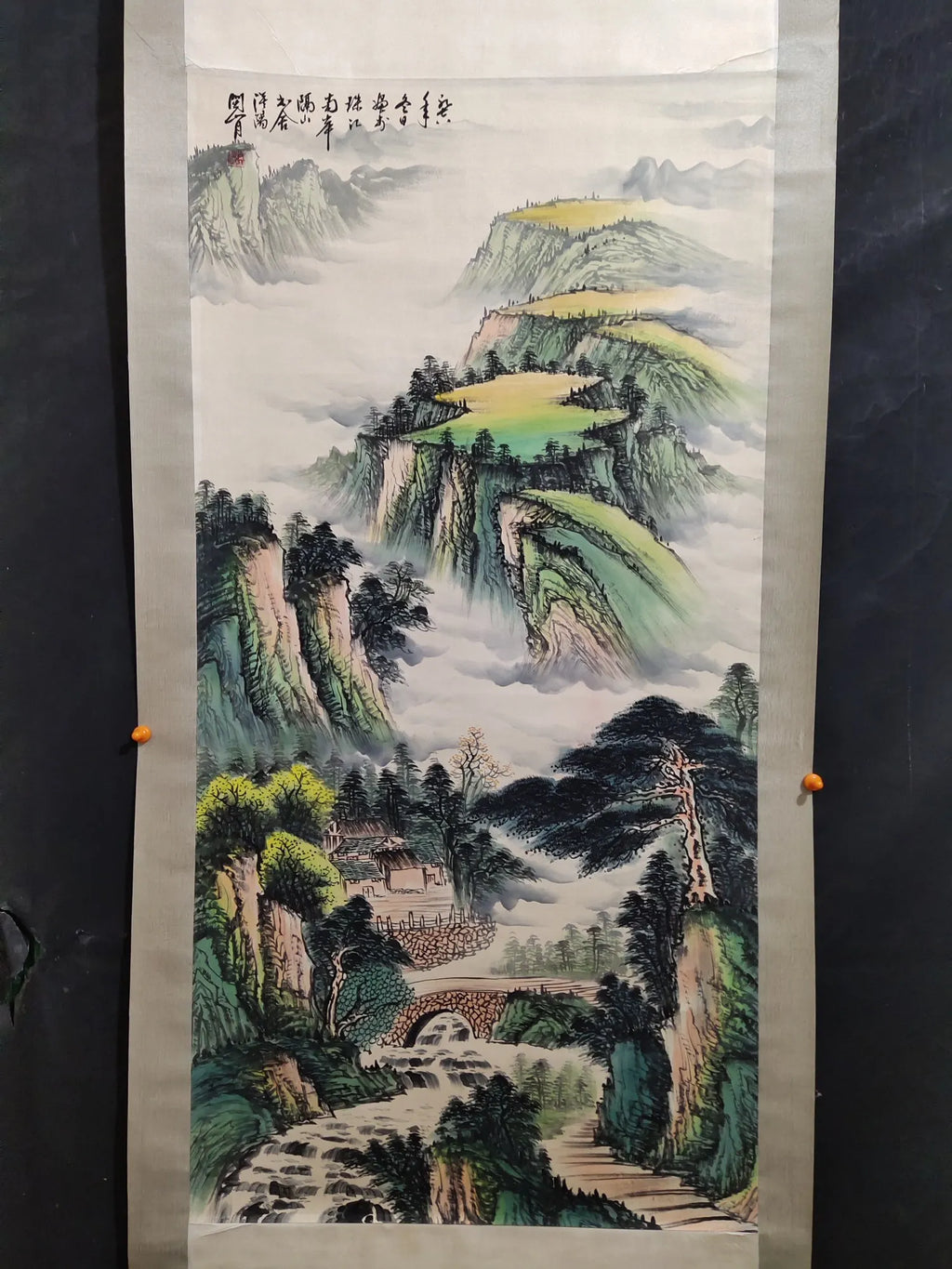 Chinese Landscape Scroll with Calligraphy – Mountains & Waters, Attributed to Guan Shanyue
