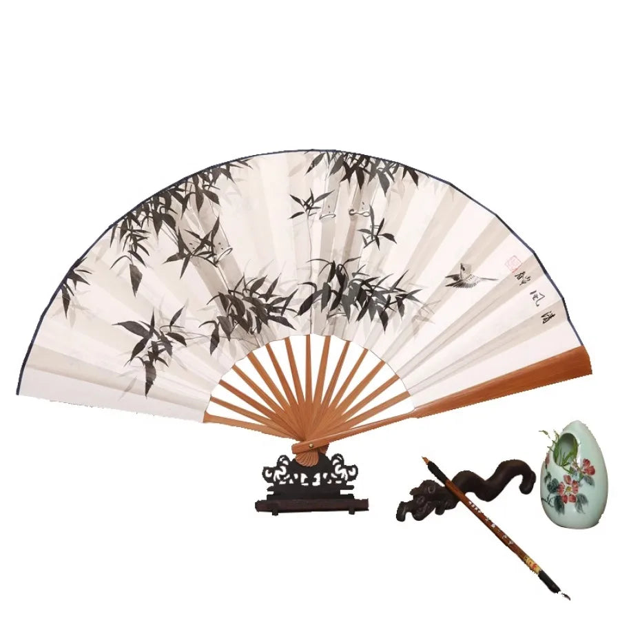 1Pcs Chinese Style Retro Folding Silk Fan Decorative Men Pocket Bamboo Handle Hand Held Fan Party Favors Home Decoration Crafts