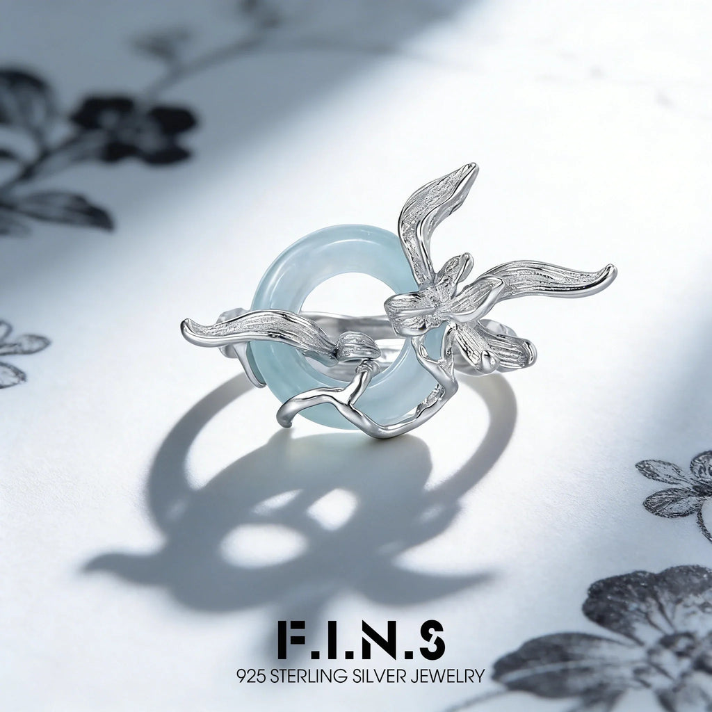 Sterling Silver Orchid Round Jade Adjustable Ring
