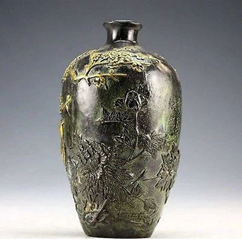 Gold‑Plated Copper Flower & Bird Vase – Chinese Vintage‑Style Decorative Pot (20 cm)