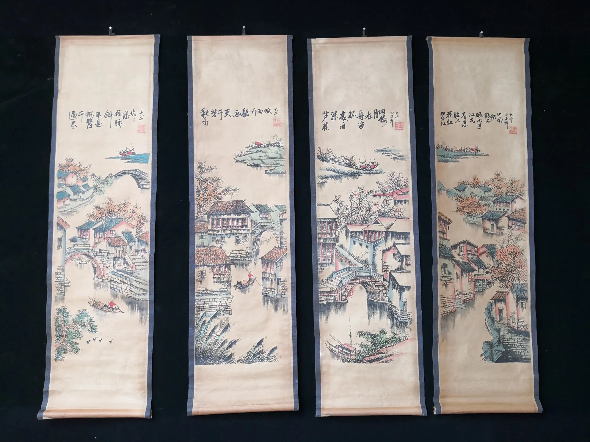 Jiangnan Landscape Chinese Four-Panel Splendid Hanging Scroll Posters on Xuan Paper