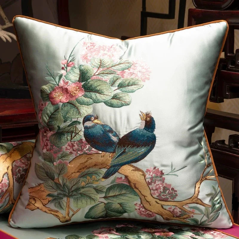 Embroidered Magpies Silk‑Like Pillowcase – Asian Home Decor 18" × 18"