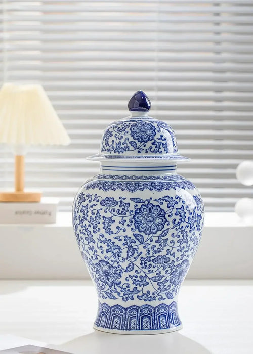 15-Inch-High Gloss Ceramic Blue White Ginger Jar Chinoiserie Decor