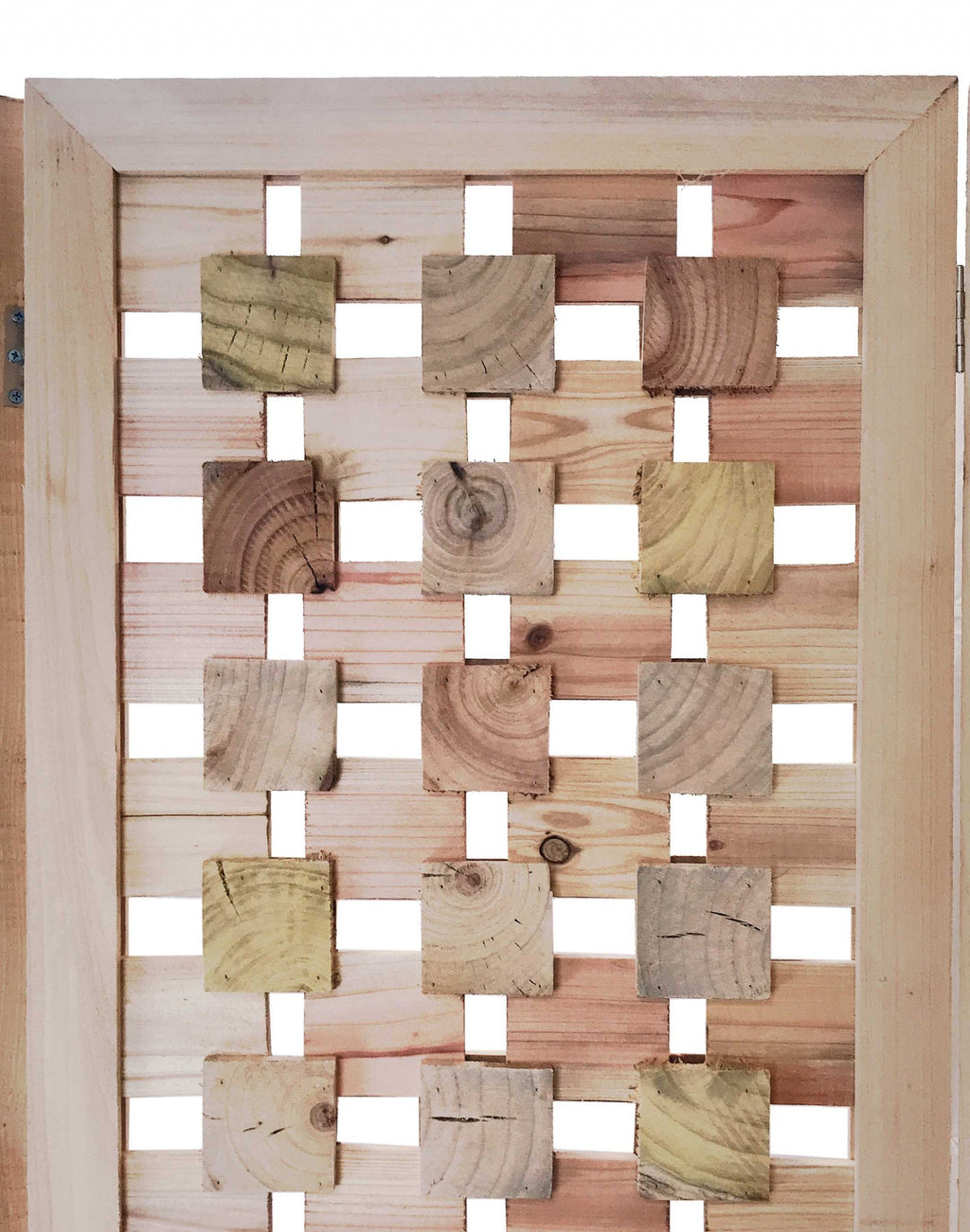 3 Panel Pink Room Divider with Cut Square Wood Design