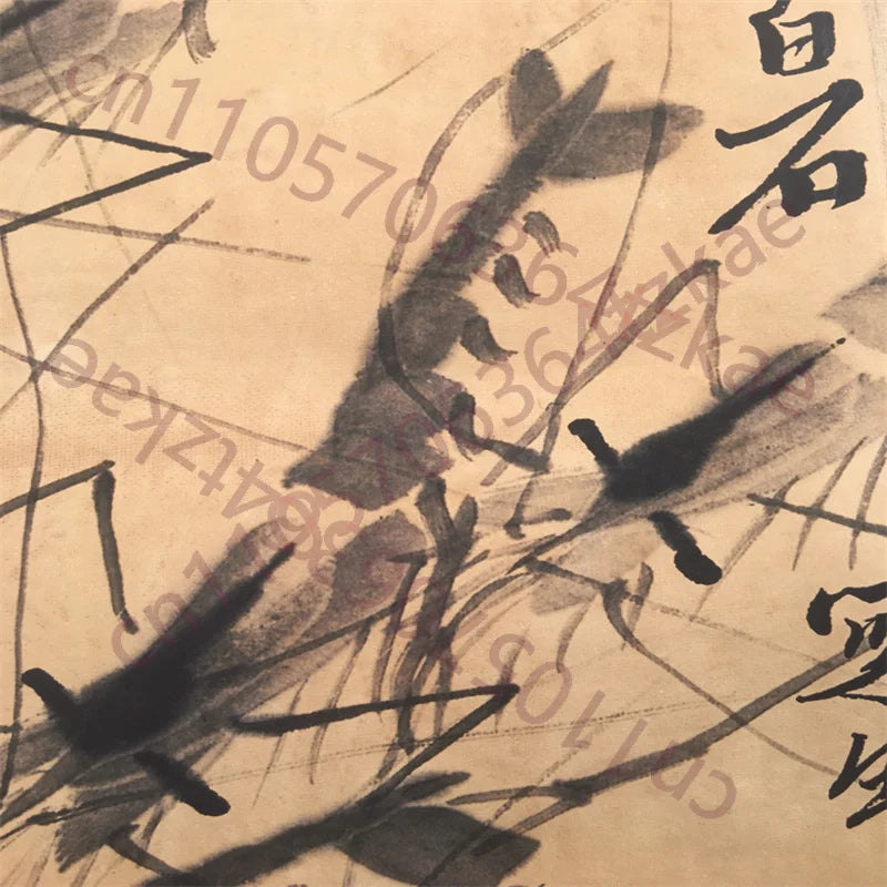 Qi Baishi Chinese Old Scroll Artist's Eight Shrimp Diagram Rice Paper Wall Painting Slice Traditional Oriental Art Decor