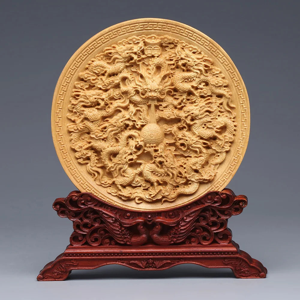 Wood Carving Dragon and Phoenix Round Carving Art Statue High Quality