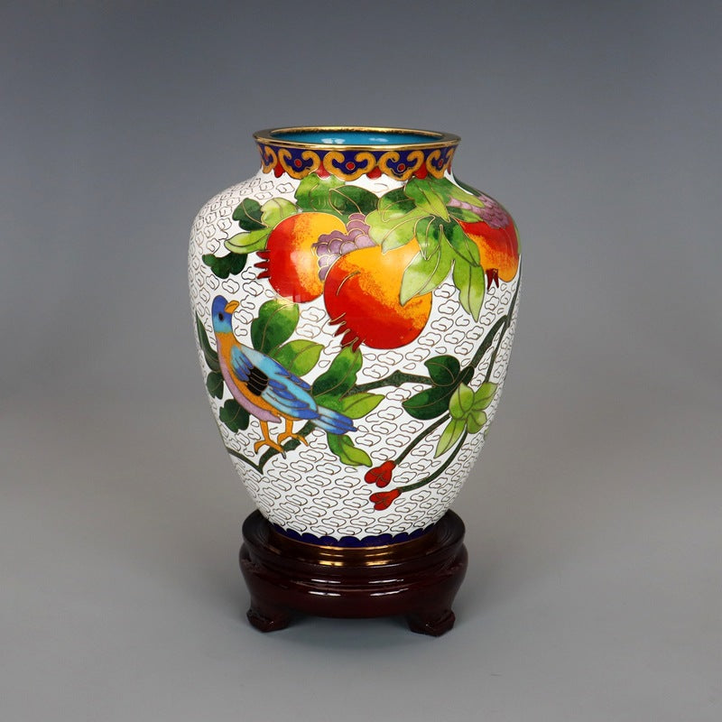 Traditional Chinese Handmade Copper-Based Cloisonne Enamel 5-inch Pomegranate Vase with Base