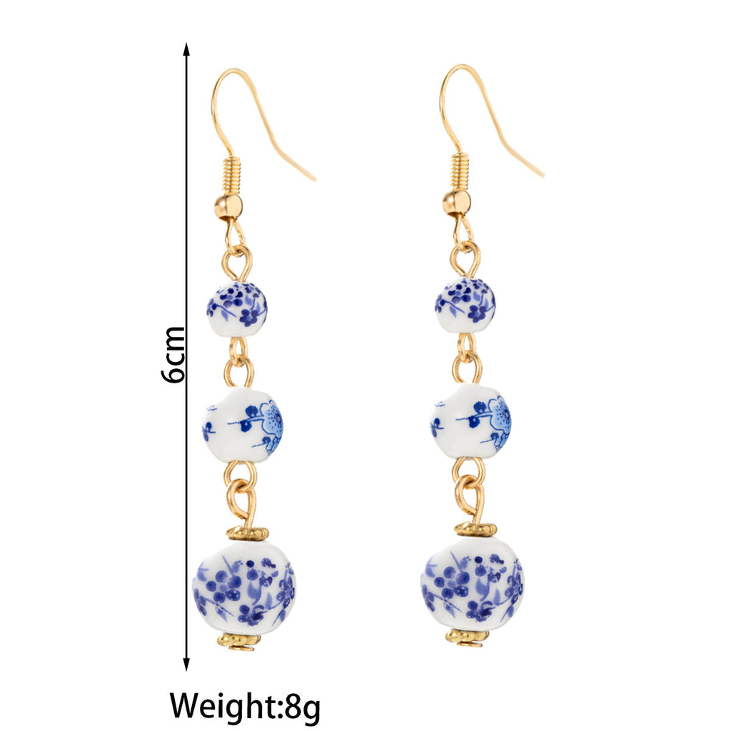 Blue and White Porcelain Bead Long Dangle Earrings