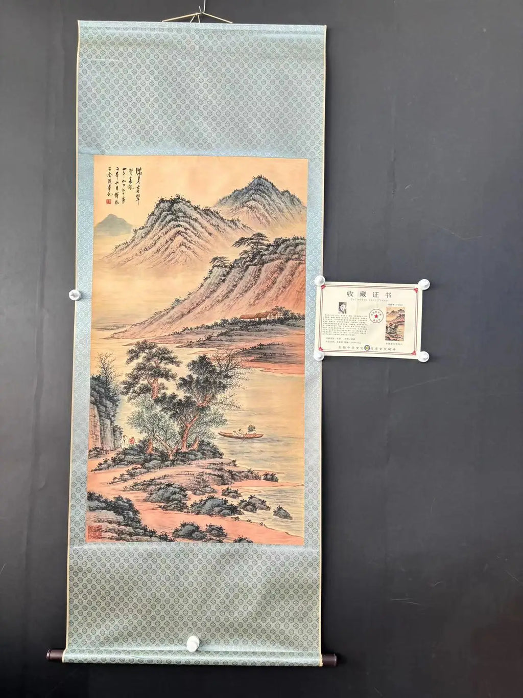 Antique Hand-Painted Chinese Scroll Painting with Certificate – Long Axis of Landscape Pine Tree in Blue, Pink, Yellow (#13)