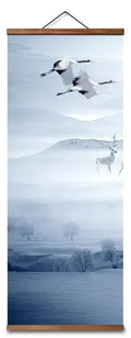 Chinese Style Snow Mountain Deer Bird Decorative Wall Art Canvas Poster in Blue and White