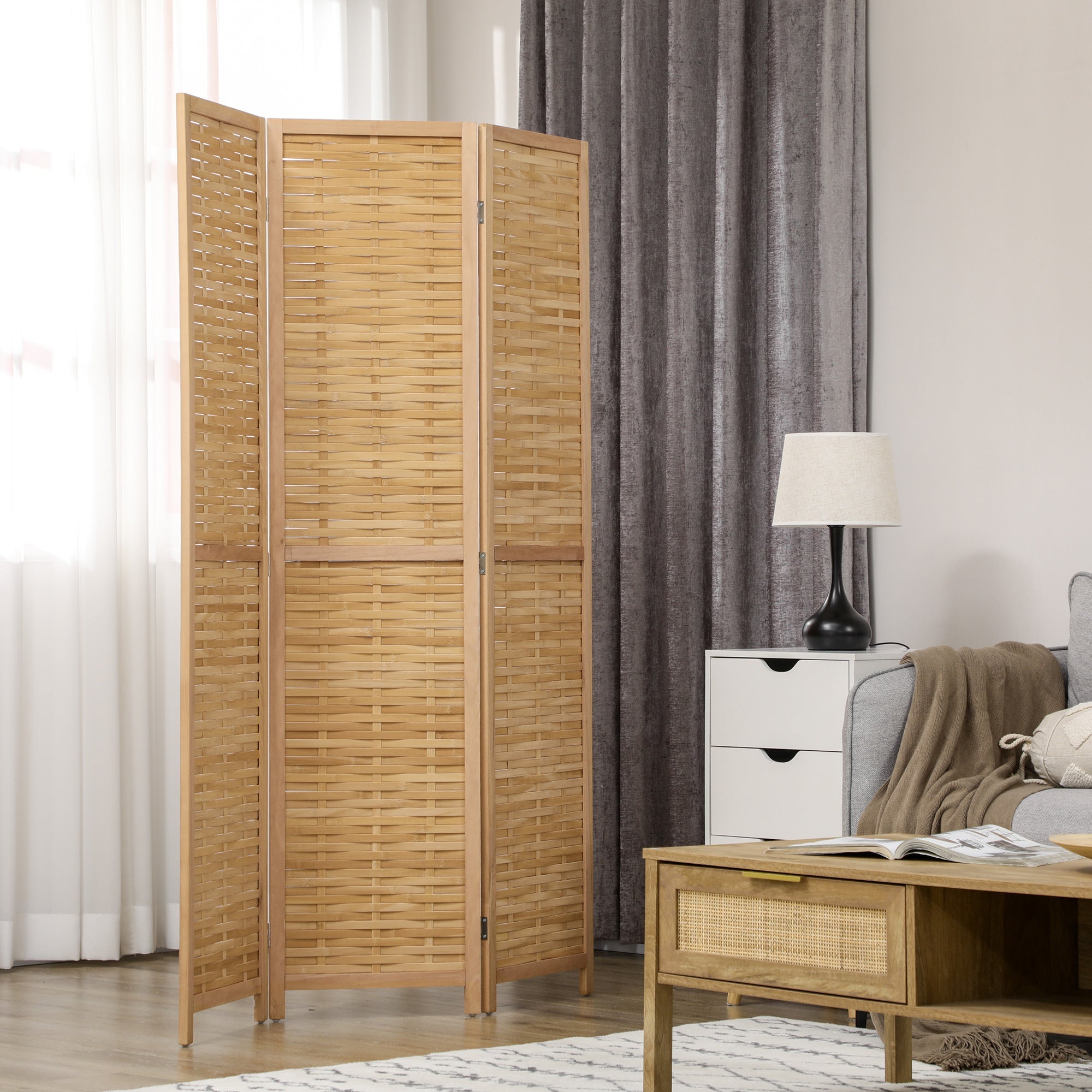 Hand Woven Room Divider, 3 Panel Bamboo Folding Privacy Screen for Home Office, 47.25"x67"x0.75", Natural