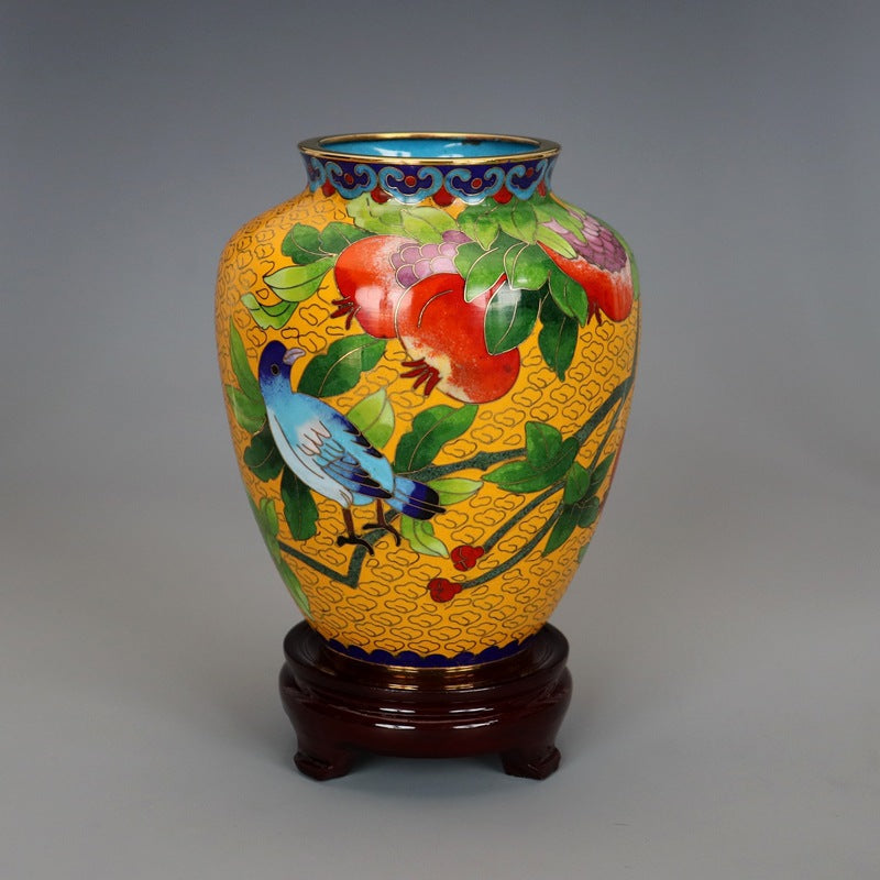 Traditional Chinese Handmade Copper-Based Cloisonne Enamel 5-inch Pomegranate Vase with Base