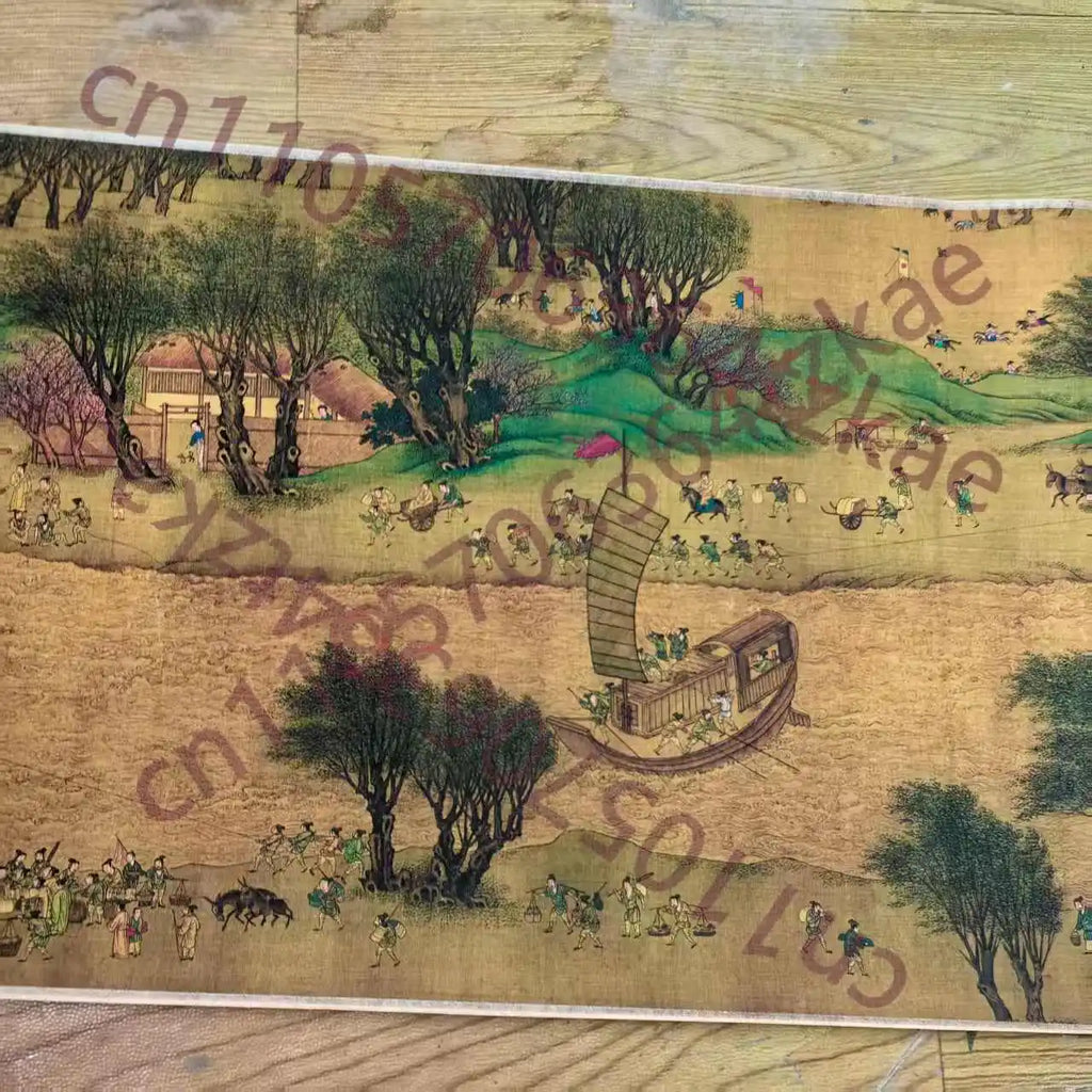 Chinese Old Picture Paper "Riverside Scene at Qingming Festival" Long Scroll Painting