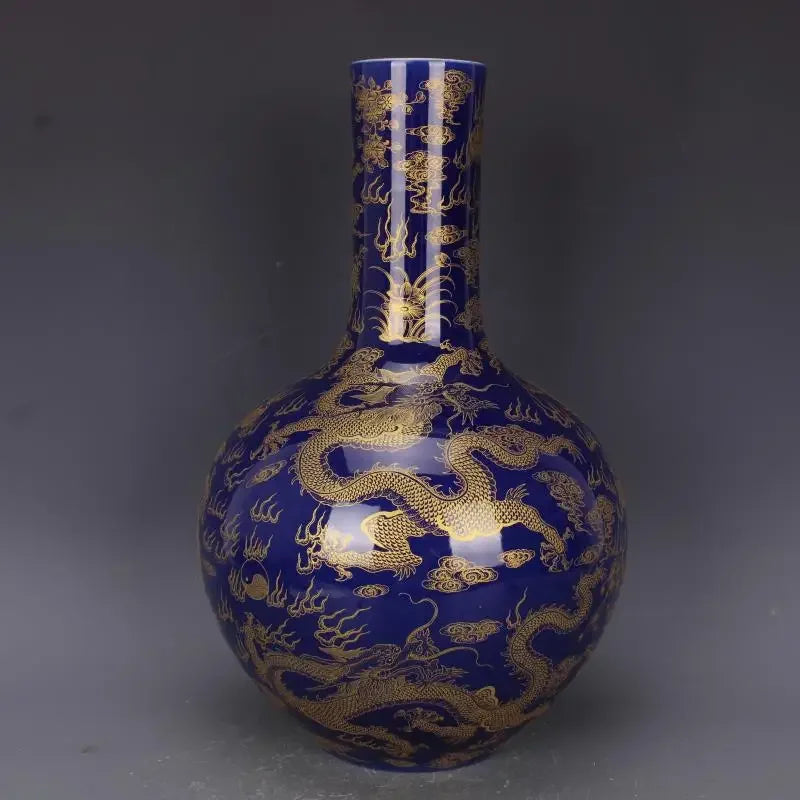 Qing Kangxi Blue-Ground Celestial Globe Vase – Gold-Gilt Flower, Cloud & Dragon Motif | Jingdezhen Porcelain
