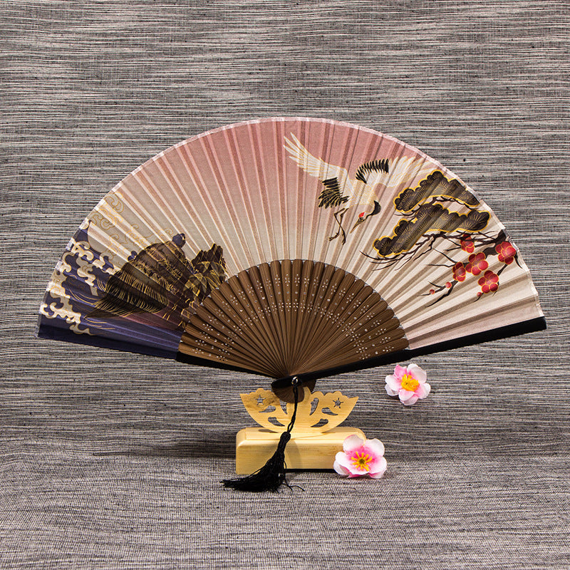 Chinese Silk Bamboo Folding Fan with Tassel