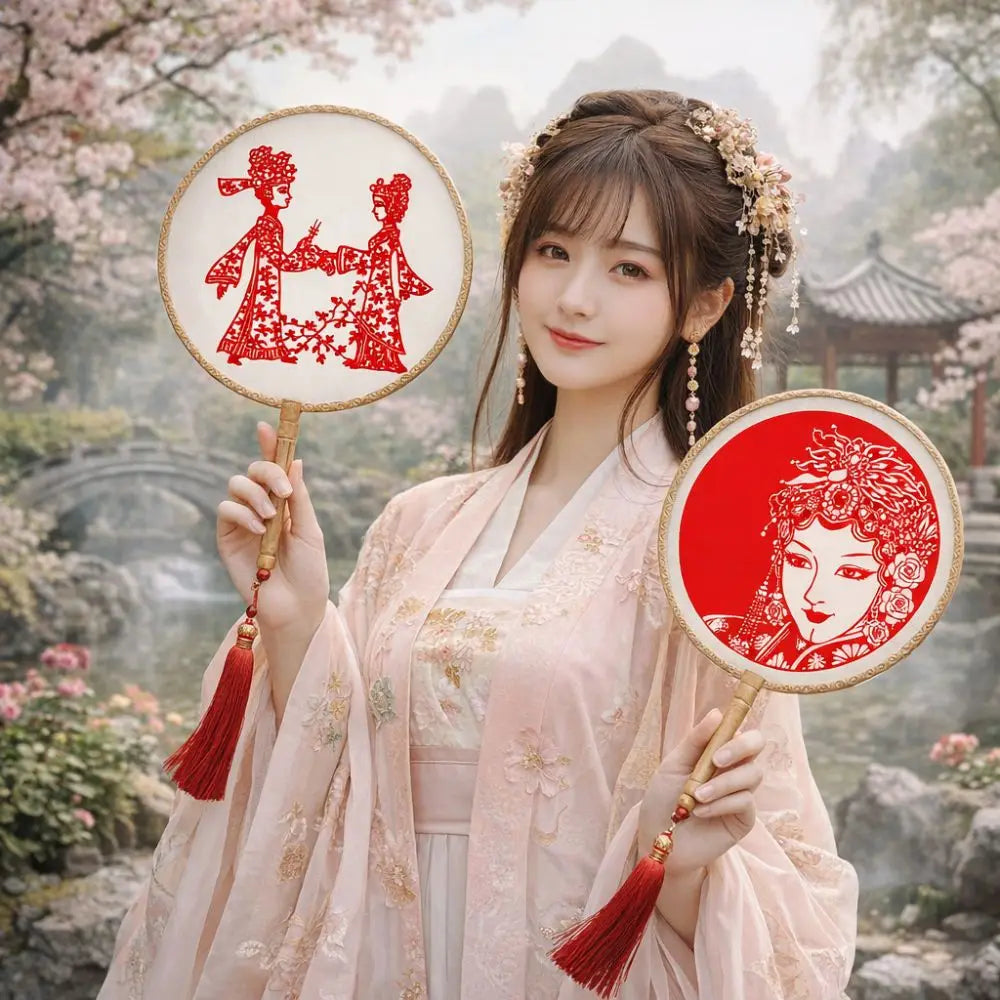 Chinese Paper-Cut Bamboo Silk Handheld Fan with Tassel