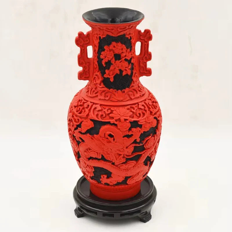 10 inch / Exquisite Chinese Classical Traditional Technology Red Lacquerware Dragon Auspicious Vase No.6