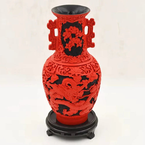 10 inch / Exquisite Chinese Classical Traditional Technology Red Lacquerware Dragon Auspicious Vase No.6