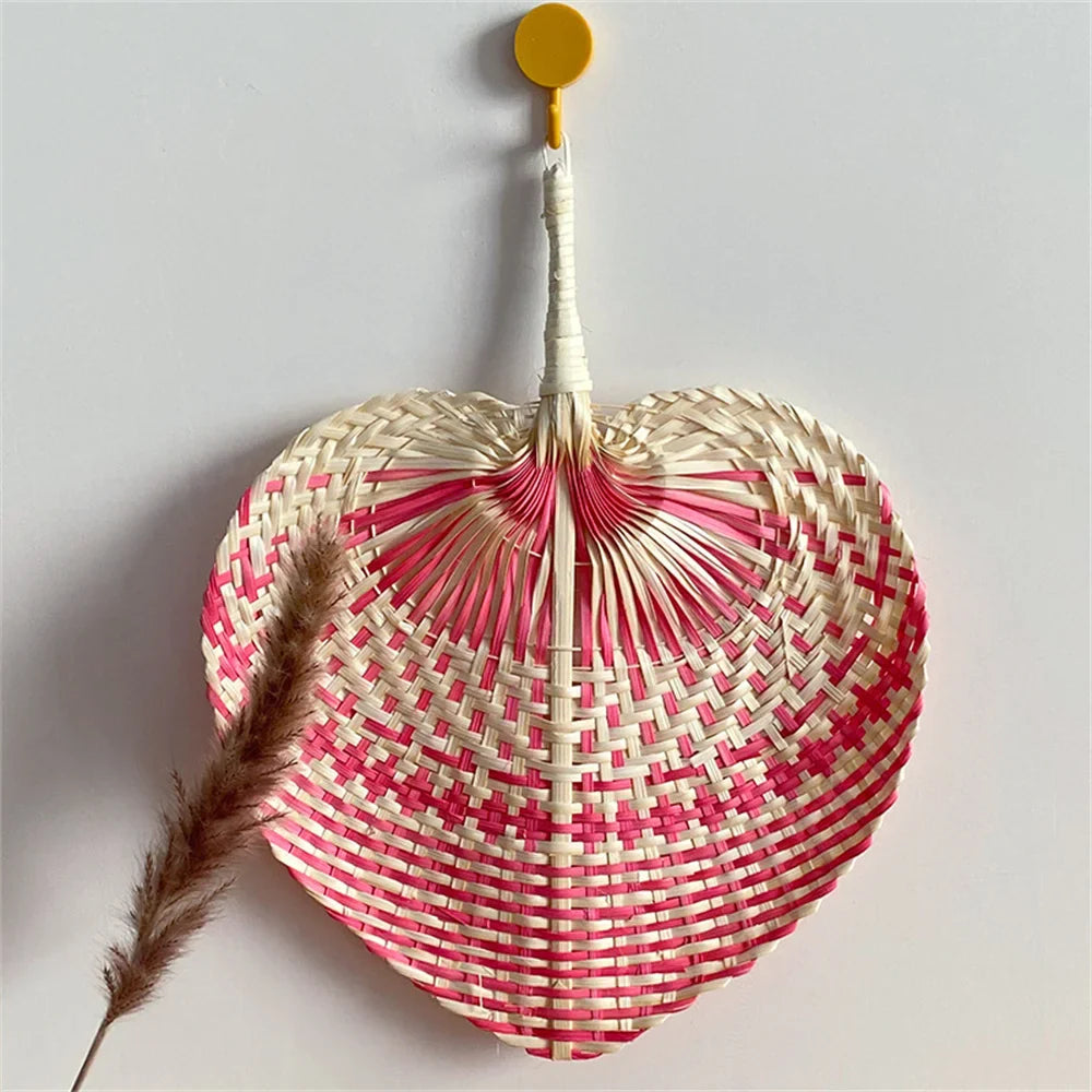 Colorful Handmade Fan Chinese Style Heart Shaped Straw Bamboo Woven Fan Summer Anti-Mosquito Cooler Handfan Home Decor Pendants