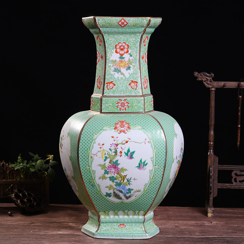 Hexagonal Enamel Porcelain Vase With Design Of Flowers And Birds