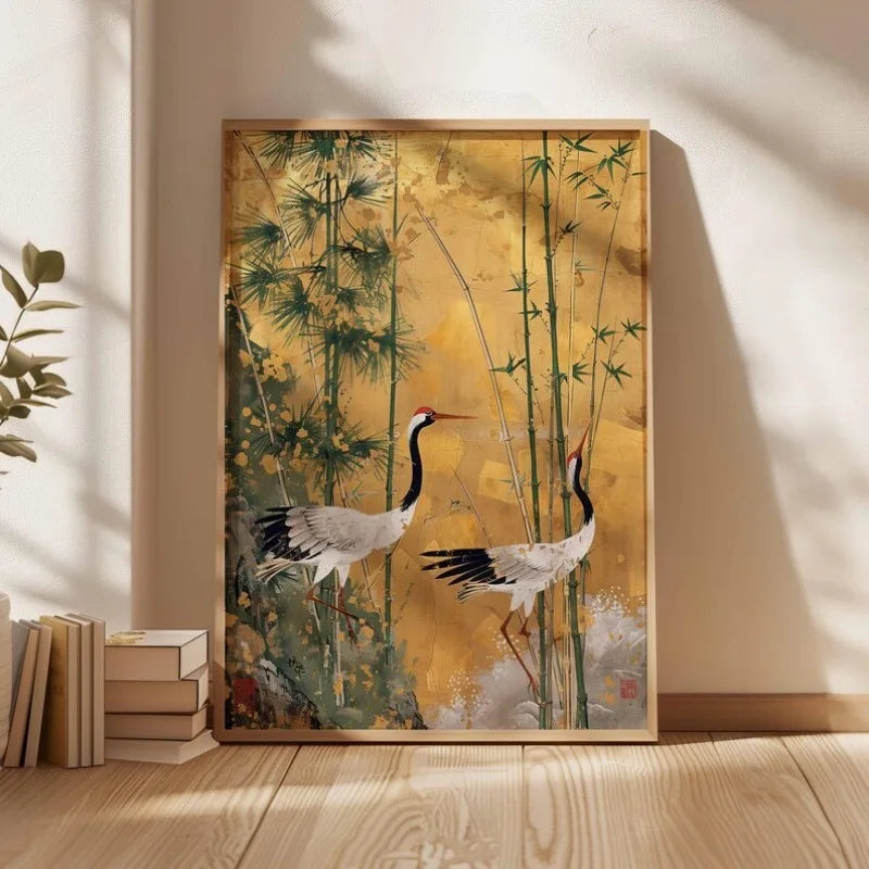 Japanese Elegant Crane Birds Nature Poster Flying Cranes in Gold and White Canvas Painting Asian Wall Art Living Room Home Decor