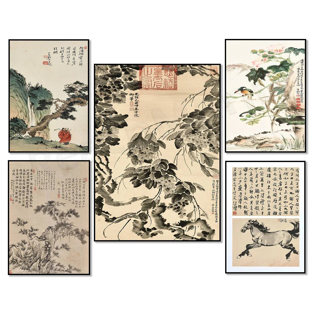 Vintage Chinese Painting Framed Poster – Minimalist Wall Art