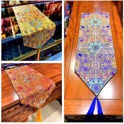 1.5m*35cm/2m*35cm Tibetan Style Satin Fabric Table Flag/Retro Rich Lotus PatternClassical Coffee Table Cloth Buddhist Decoration