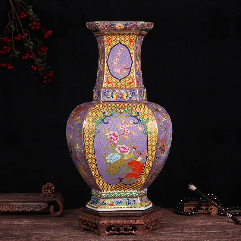 Hexagonal Enamel Porcelain Vase With Design Of Flowers And Birds