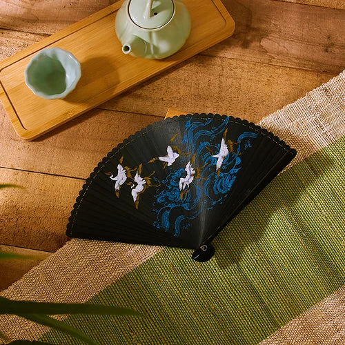 18cm Chinese style retro style all bamboo crane dark green big red bronzing folding fan portable cheongsam dance fan
