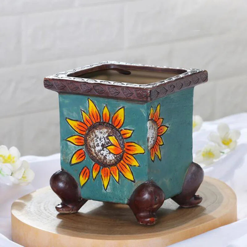 Korean-Style Hand-Painted Floral Ceramic Pot – Succulent & Bonsai Planter