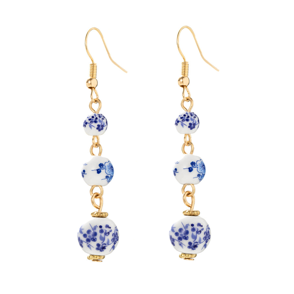 Blue and White Porcelain Bead Long Dangle Earrings