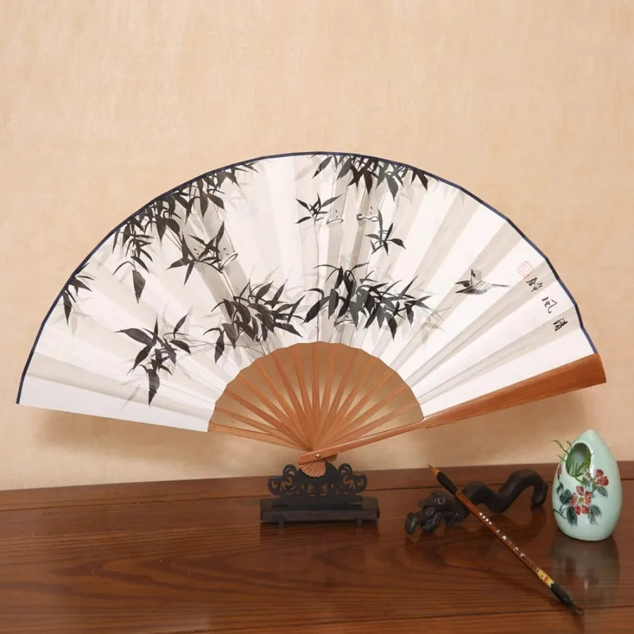 1Pcs Chinese Style Retro Folding Silk Fan Decorative Men Pocket Bamboo Handle Hand Held Fan Party Favors Home Decoration Crafts