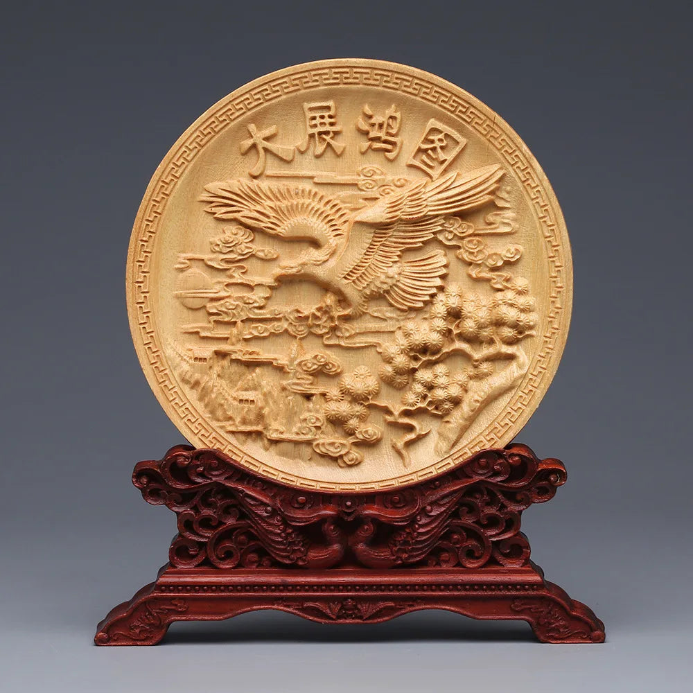 Wood Carving Dragon and Phoenix Round Carving Art Statue High Quality