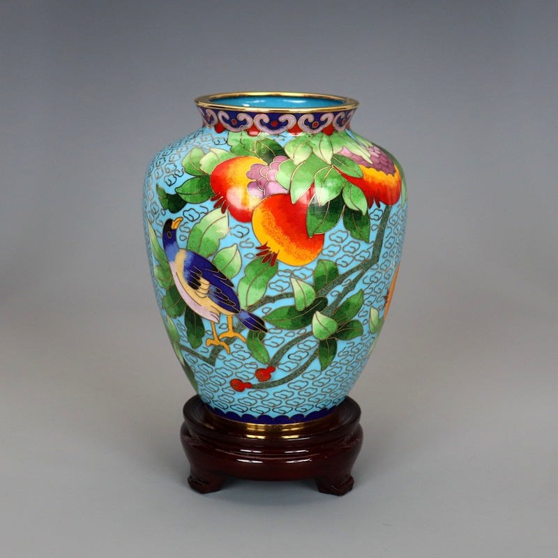 Traditional Chinese Handmade Copper-Based Cloisonne Enamel 5-inch Pomegranate Vase with Base
