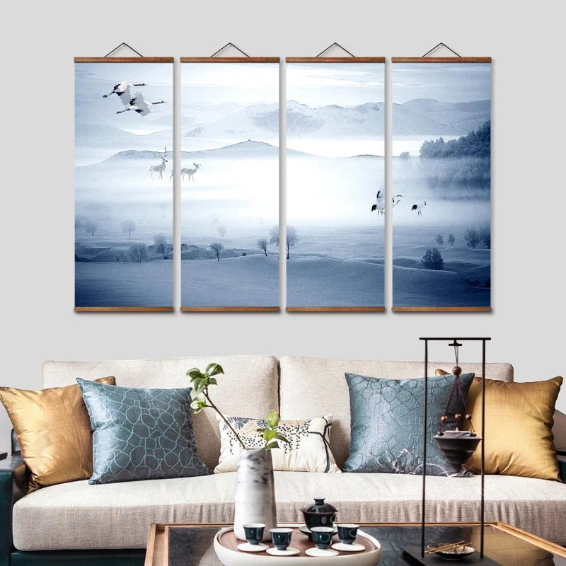 Chinese Style Snow Mountain Deer Bird Decorative Wall Art Canvas Poster in Blue and White