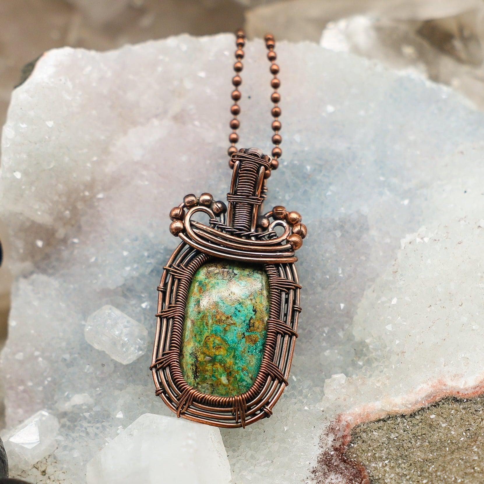 Chrysocolla Crystal Wire Wrapped Square Pendant Copper