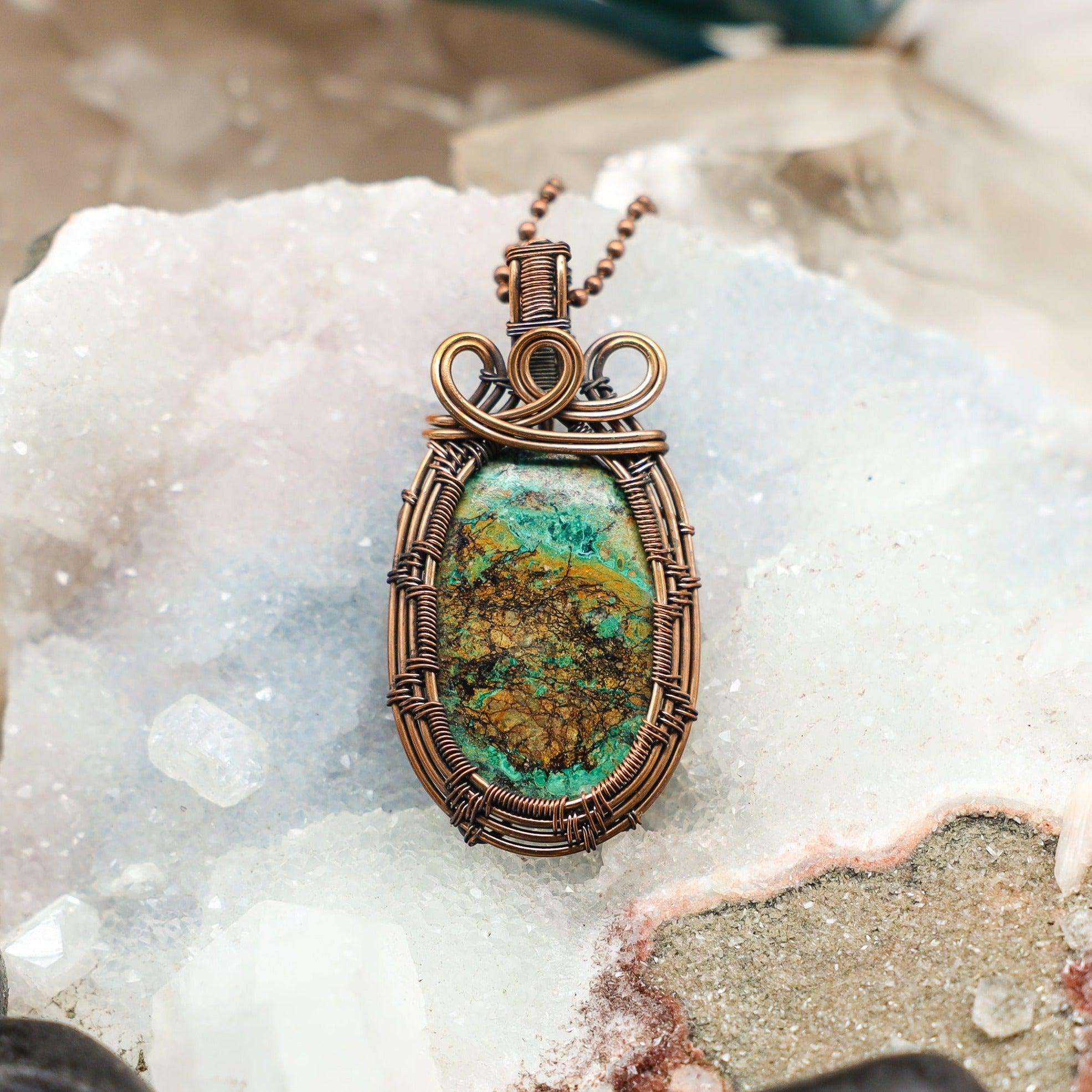 Chrysocolla Wire Wrap Crystal Pendant - Calm Expression