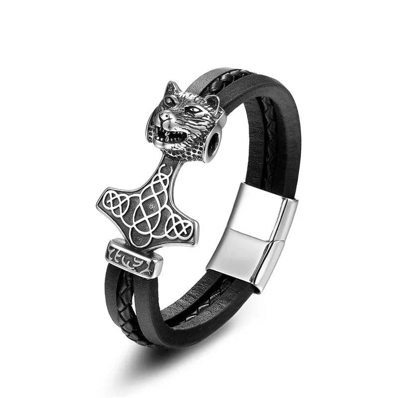 Thors Hammer Men's Leather Bracelet