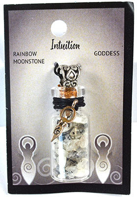 Rainbow Moonstone Chips in Bottle with Goddess necklace