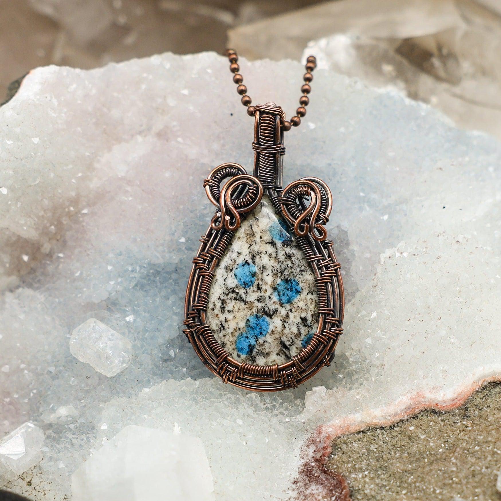K2 Jasper Crystal Wire Wrap Pendant Copper Azurite Stone
