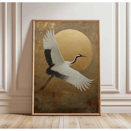 Japanese Elegant Flying Cranes in Gold Poster Flying Cranes in Gold