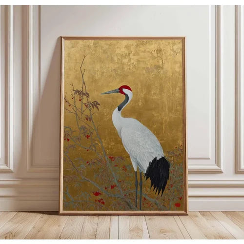 Japanese Elegant Flying Cranes in Gold Poster Flying Cranes in Gold