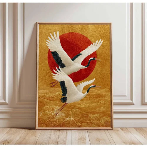 Japanese Elegant Flying Cranes in Gold Poster Flying Cranes in Gold