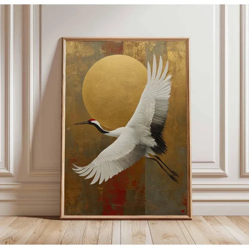 Japanese Elegant Flying Cranes in Gold Poster Flying Cranes in Gold
