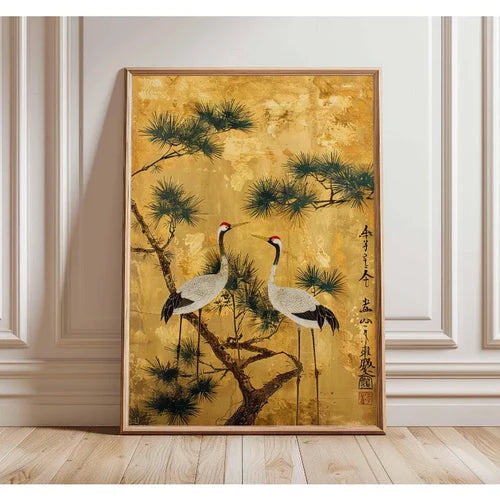 Japanese Elegant Flying Cranes in Gold Poster Flying Cranes in Gold